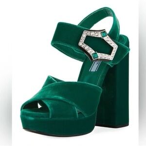 Prada Jeweled Velvet Block-Heel Sandal in Emerald